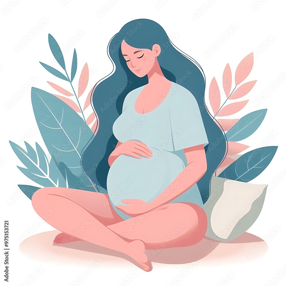 flat-style illustration of a pregnant woman standing gracefully, surrounded by soft leaves. Ideal for maternity, wellness, and nature-themed designs. Simple, elegant, and calming composition.