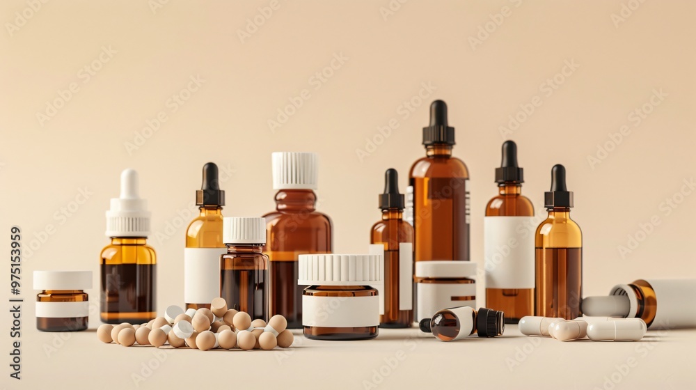 Professional Ampules and Bottles with Medicines on Beige Background Professional Ampules and Bottles with Medicines on Beige Background