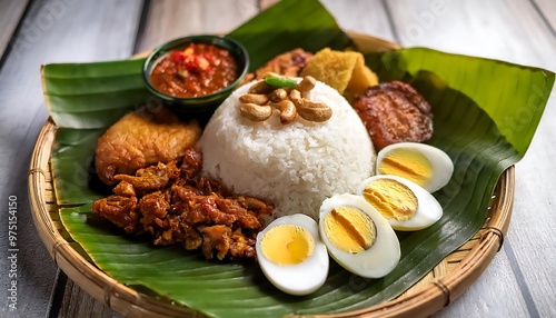 A traditional Indonesian or Malaysian nasi lemak feast, bamboo woven tray with rice cooked