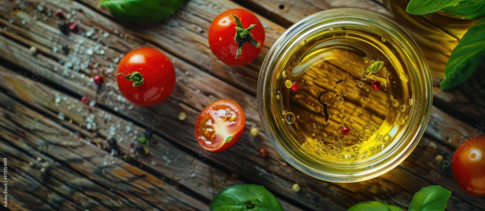 Jar With Oil And Tomatoes On Wooden Background Top View Jar With Oil And Tomatoes On Wooden Background Top View