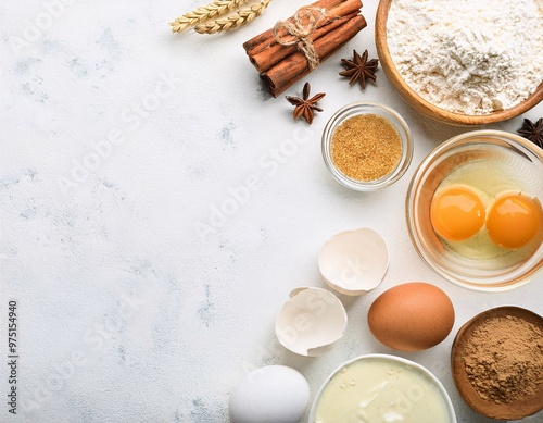 ingredients needed to make a pie or cake, including flour, sugar, butter, eggs, and other additives, generative ai photo