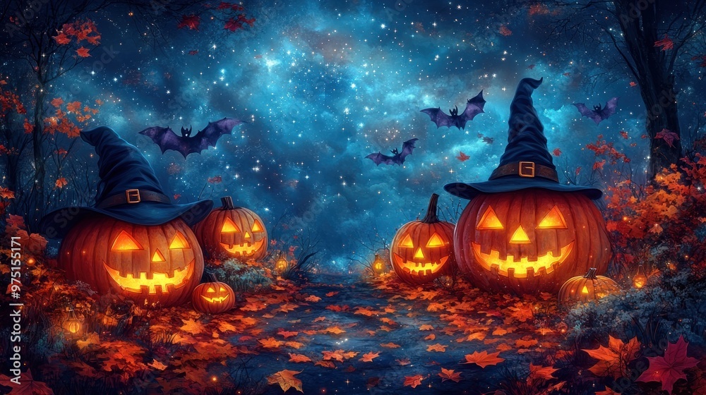 Spooky Halloween scene with carved pumpkins and bats under a starry sky. Spooky Halloween scene with carved pumpkins and bats under a starry sky.