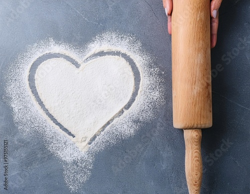 cake making background with a woman's hands sprinkled flour forming a heart, generative ai photo