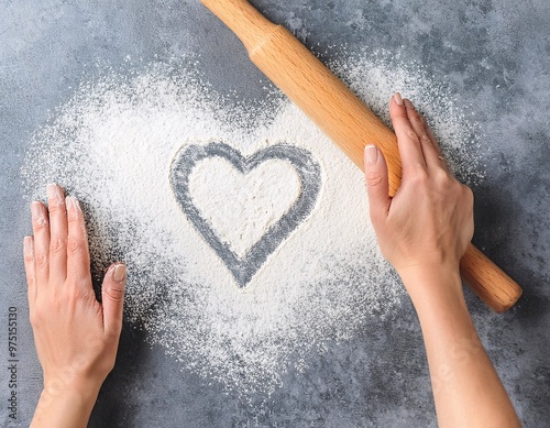 cake making background with a woman's hands sprinkled flour forming a heart, generative ai photo