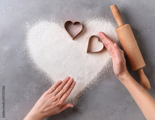 cake making background with a woman's hands sprinkled flour forming a heart, generative ai photo