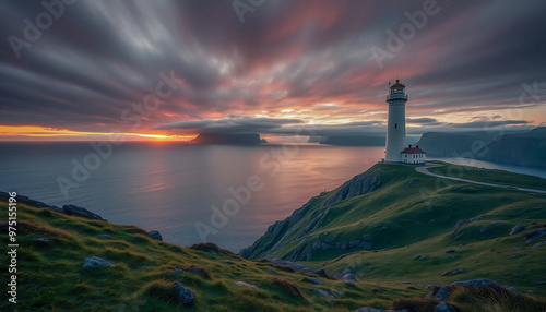 A landscape view of the Arkberg Lighthouse on the Faroe island during sunrise