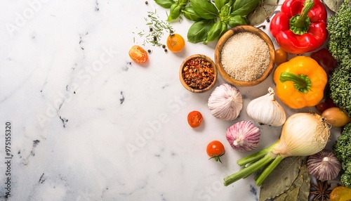 various vegetables, peppers, carrots, shallots and thinly sliced ​​spices, neatly served on the table. generative ai photo