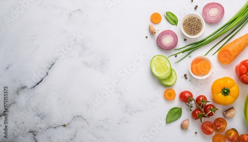 various vegetables, peppers, carrots, shallots and thinly sliced ​​spices, neatly served on the table. generative ai photo