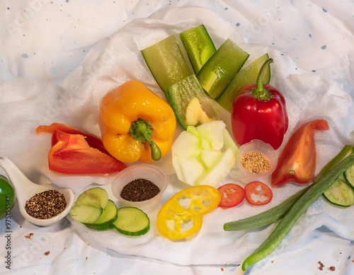 various vegetables, peppers, carrots, shallots and thinly sliced ​​spices, neatly served on the table. generative ai photo