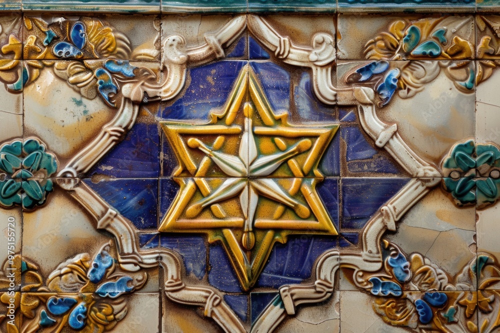 Obraz premium Intricate star of david tile design celebrating jewish heritage and symbolism. AI