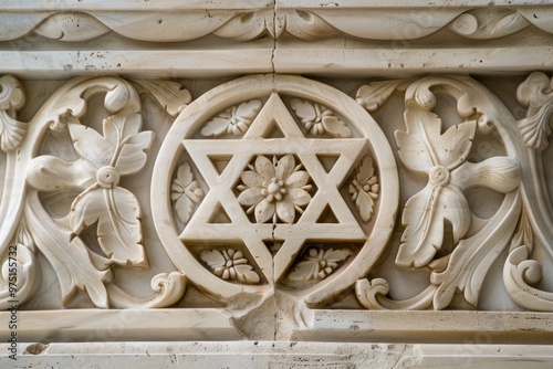 Intricate stone carving of the star of david for jewish holidays decor. AI