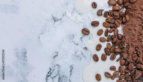 Fresh coffee beans combined with a sprinkling of chocolate powder and drizzled with soft white milk, generative ai photo