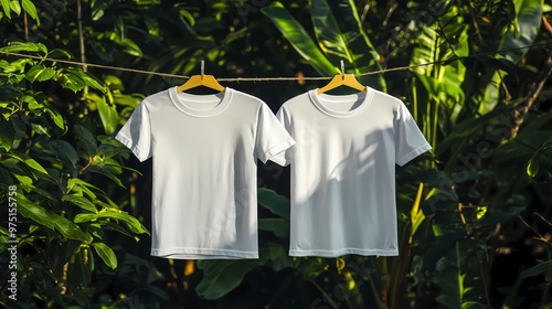 A serene display of two white t-shirts hanging gently on a clothesline, surrounded by lush green foliage capturing summer's essence. photo