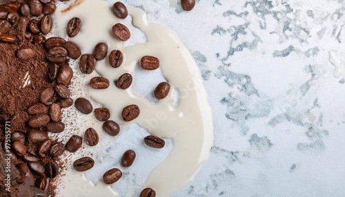 Fresh coffee beans combined with a sprinkling of chocolate powder and drizzled with soft white milk, generative ai photo