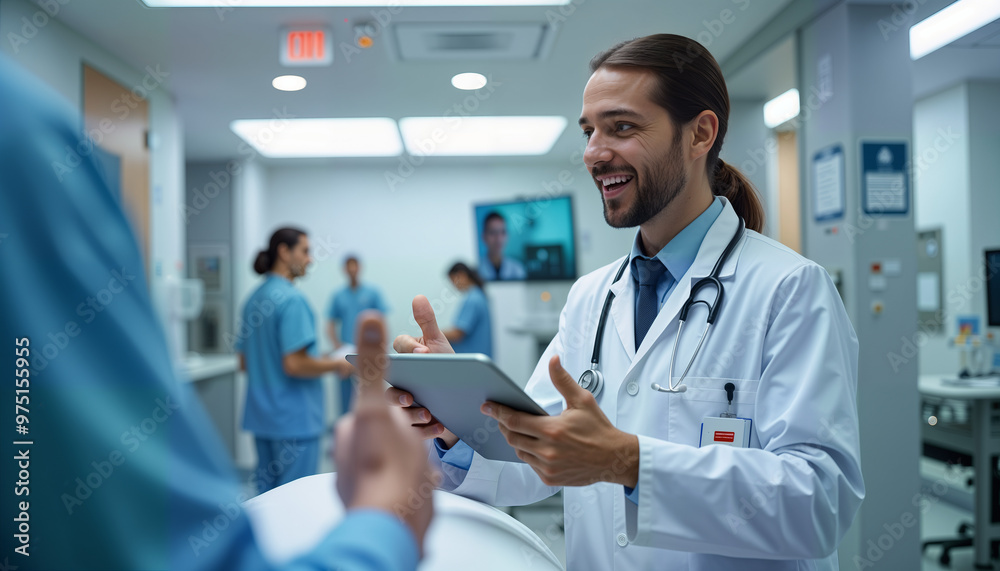 A smiling male doctor in a white coat engages with a patient, discussing health on a tablet in a modern hospital. Perfect for healthcare marketing, medical articles, and patient care resources A smiling male doctor in a white coat engages with a patient, discussing health on a tablet in a modern hospital. Perfect for healthcare marketing, medical articles, and patient care resources
