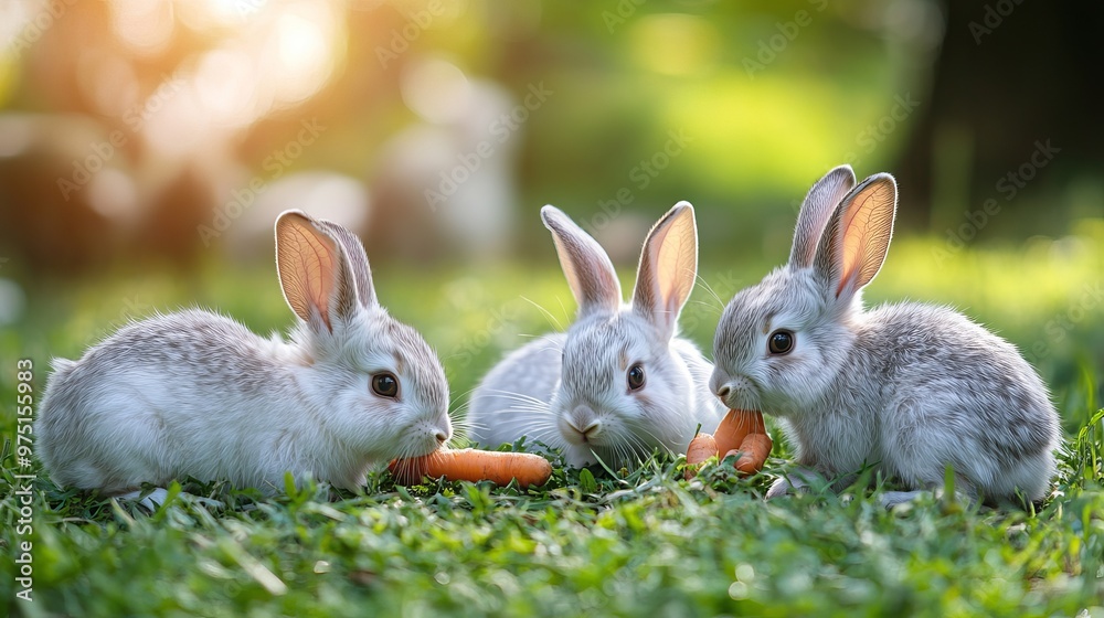 A nice group of healthy baby bunnies celebrating Easter, munching on grass, carrots, and food against the backdrop of a verdant garden. Adorable fluffy rabbits sniffing, exploring, enjoying the nature A nice group of healthy baby bunnies celebrating Easter, munching on grass, carrots, and food against the backdrop of a verdant garden. Adorable fluffy rabbits sniffing, exploring, enjoying the nature