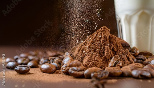 Fresh coffee beans combined with a sprinkling of chocolate powder and drizzled with soft white milk, generative ai photo