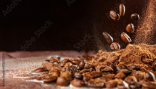 Fresh coffee beans combined with a sprinkling of chocolate powder and drizzled with soft white milk, generative ai photo