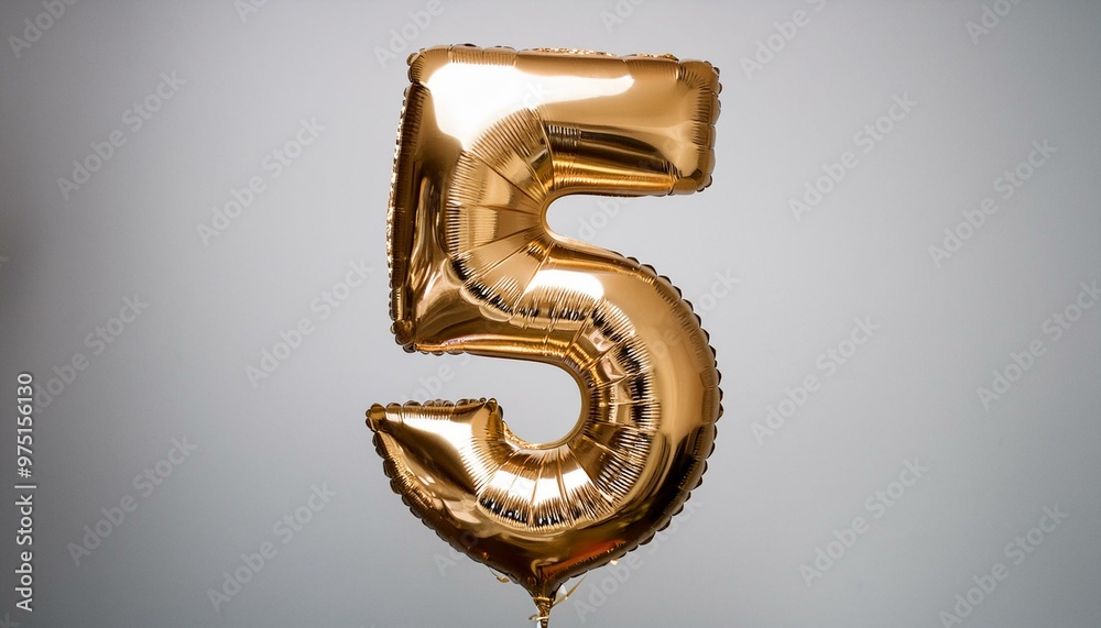 Golden foil balloon 5 floats in neutral space. Golden foil balloon 5 floats in neutral space.