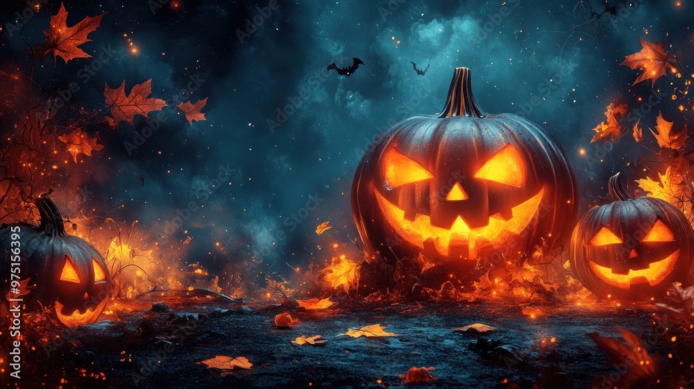 Spooky Halloween scene with glowing jack-o'-lanterns and autumn leaves. Spooky Halloween scene with glowing jack-o'-lanterns and autumn leaves.