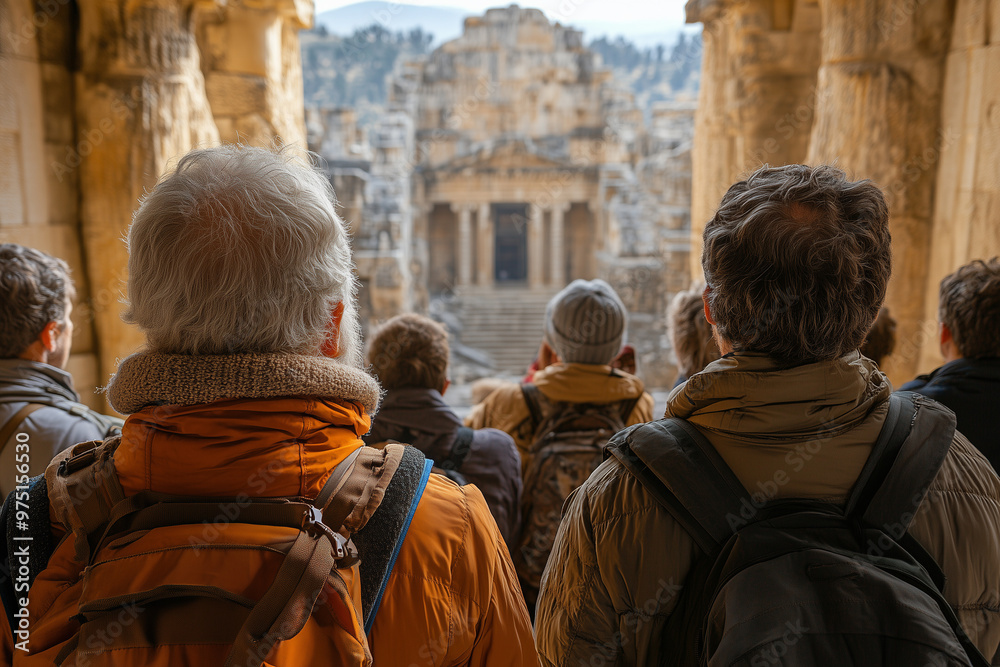 A group of tourists gathered around a tour guide, listening intently to the history of a famous monument. A group of tourists gathered around a tour guide, listening intently to the history of a famous monument.