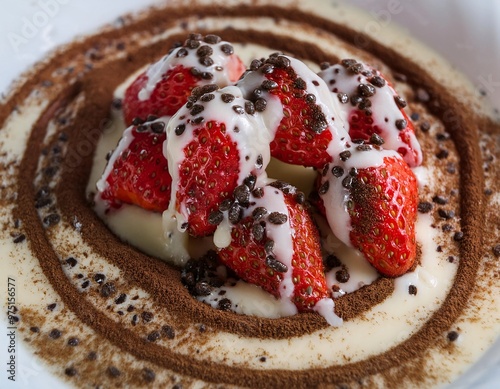 fresh strawberries drizzled with soft milk and sprinkled with chocolate powder on top, generative ai photo