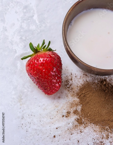 fresh strawberries drizzled with soft milk and sprinkled with chocolate powder on top, generative ai photo