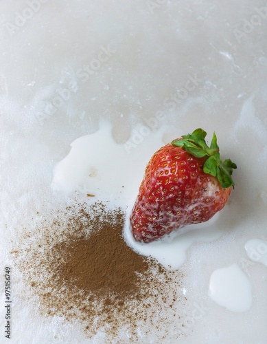 fresh strawberries drizzled with soft milk and sprinkled with chocolate powder on top, generative ai photo