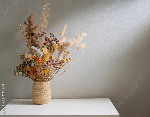 a composition of dried flowers artistically arranged on a minimalist white wall background generative ai photo