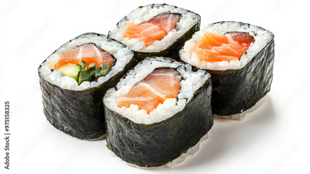 Four pieces of salmon sushi rolls with nori seaweed, rice, avocado, and cucumber on a white background. Four pieces of salmon sushi rolls with nori seaweed, rice, avocado, and cucumber on a white background.