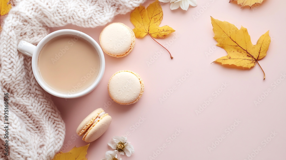 Cozy Autumn Afternoon with Macarons and Tea. A serene autumn scene featuring a cup of tea, macarons, and vibrant leaves, evoking warm, comforting vibes. Cozy Autumn Afternoon with Macarons and Tea. A serene autumn scene featuring a cup of tea, macarons, and vibrant leaves, evoking warm, comforting vibes.