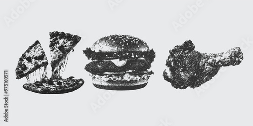 pizza, burger, chiken lag,  Large Grain Photocopy Effect, for grunge punk y2k collage design