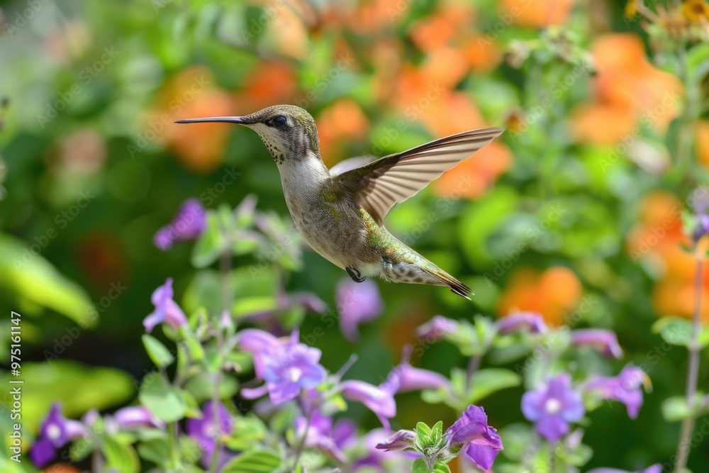 Naklejka premium Hummingbird in vibrant garden with colorful blossoms and lush foliage AI