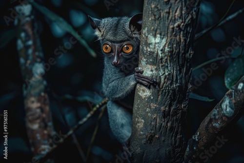 Nocturnal galago in african forest - wild animal on branch AI photo