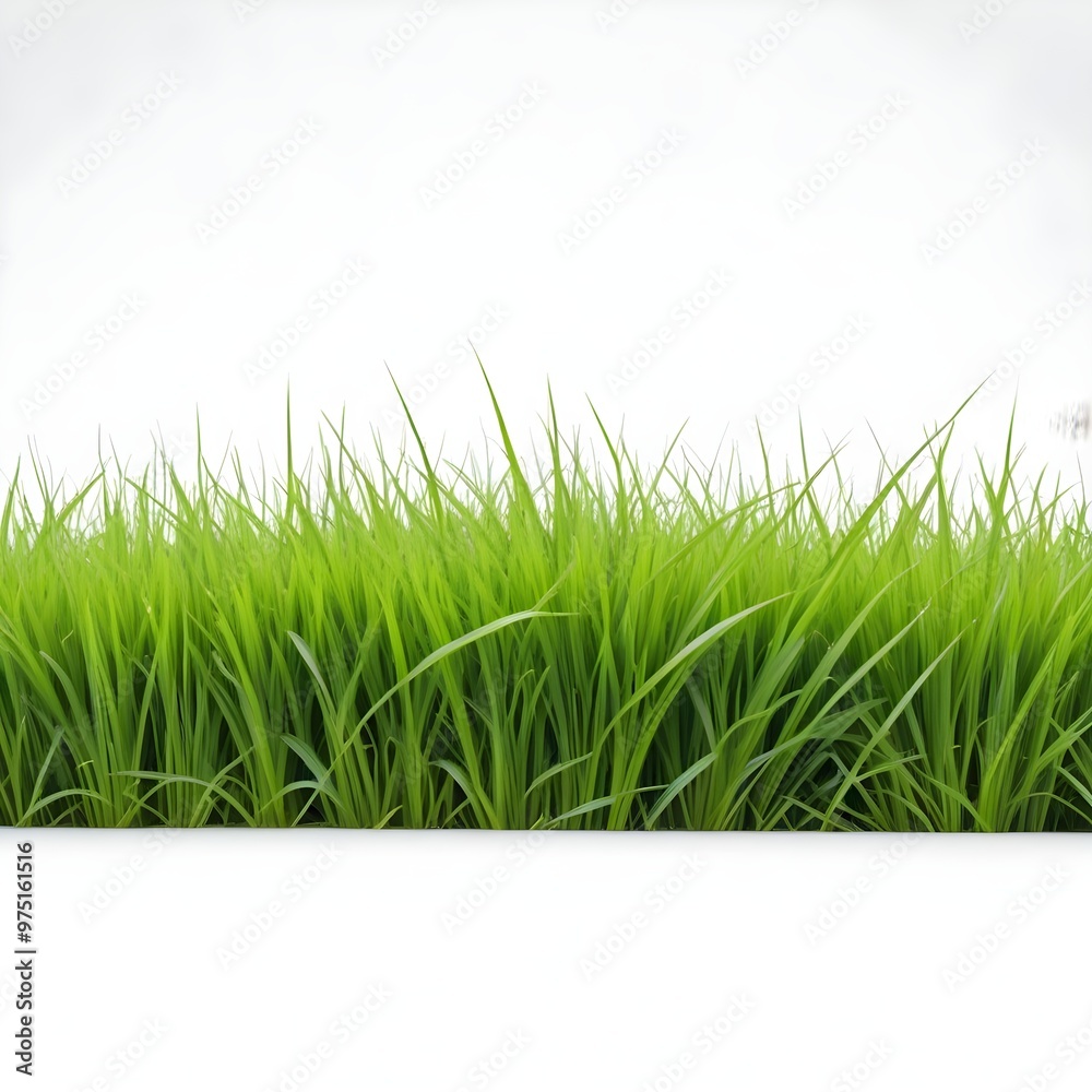 A lush green grass field with blades of grass in the foreground A lush green grass field with blades of grass in the foreground