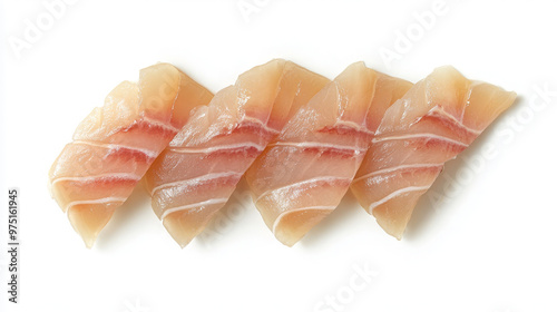 Four slices of raw fish arranged in a row on a white background.