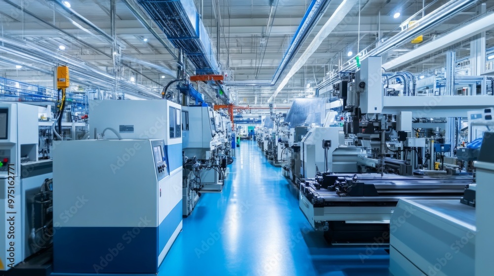 Modern factory interior with rows of machinery on a blue floor. Modern factory interior with rows of machinery on a blue floor.