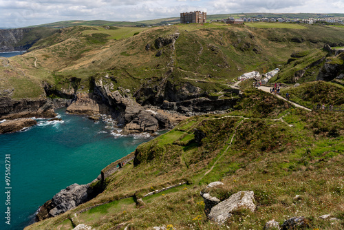 View from Tintagel Castle: Cliffs, Beach, and Sea with Blue Water and Golden Sand