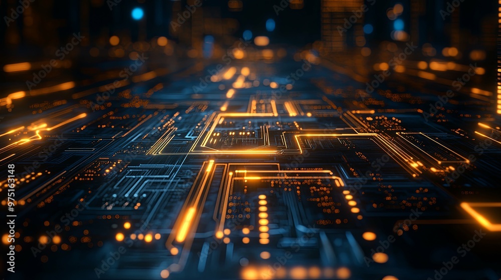 Abstract Digital Circuit Board with Glowing Orange Lines Abstract Digital Circuit Board with Glowing Orange Lines