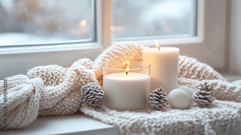 Cozy hygge ambiance featuring a white sweater and flickering candles on a windowsill