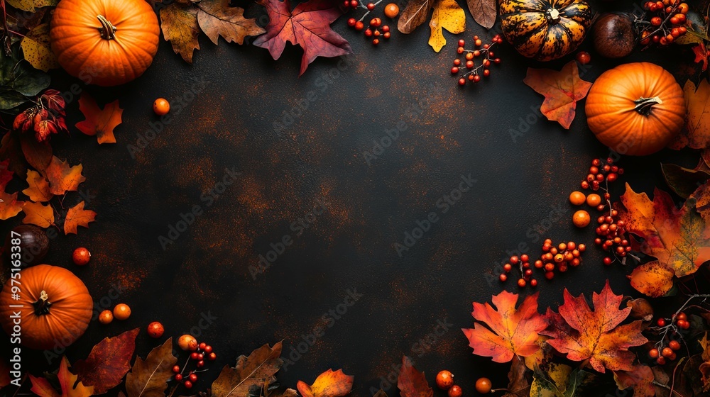 Autumnal Frame with Pumpkins, Leaves, and Berries Autumnal Frame with Pumpkins, Leaves, and Berries