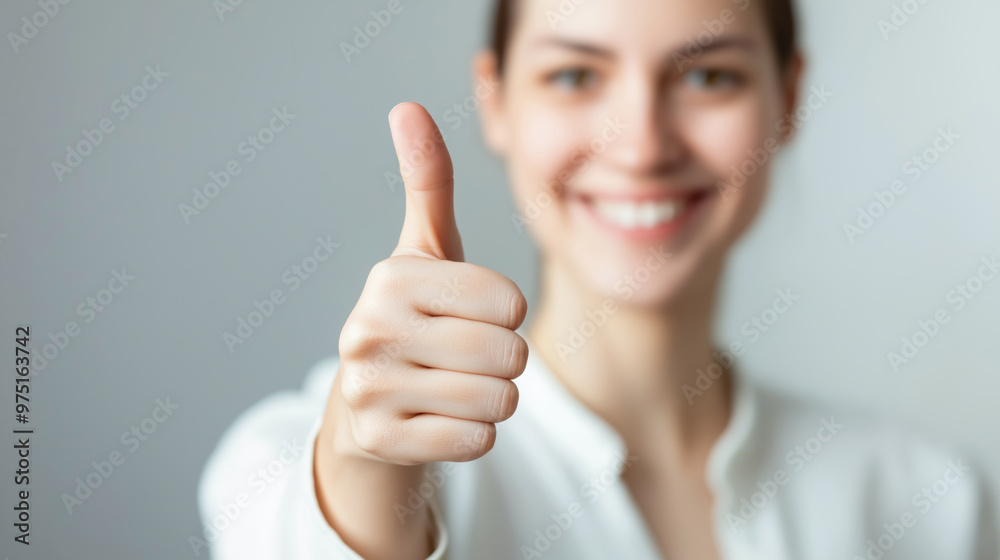 Young woman smiles with a thumbs-up gesture in a neutral background during a cheerful moment of positivity and encouragement.