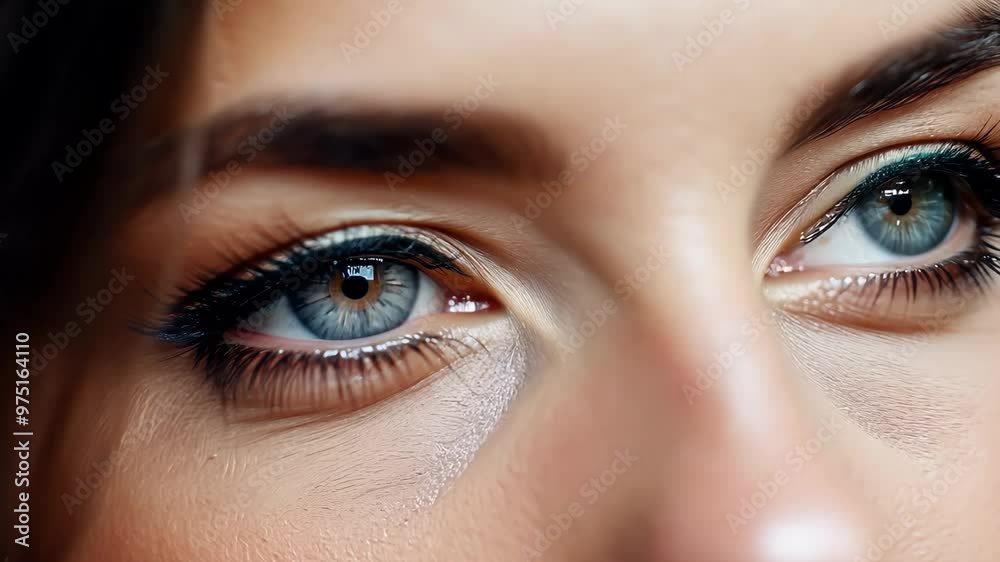 A close-up examination of stunning blue eyes with dramatic makeup highlights and unique details A close-up examination of stunning blue eyes with dramatic makeup highlights and unique details