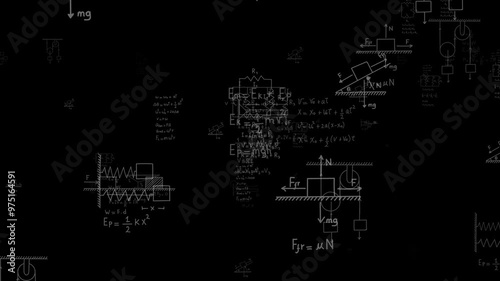 Equations of physics, uniform rectilinear motion, statics, electromagnetism, electrical circuits, friction force, energy, angular velocity, with black background. Seamless loop animation