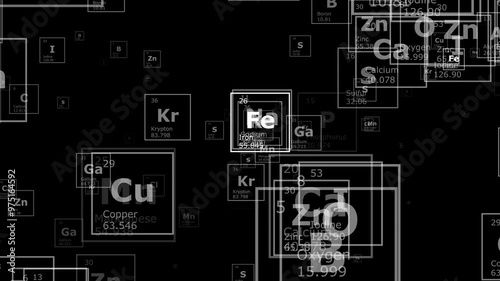 Seamless loop animation. Black background of the chemical elements of the periodic table, atomic number, atomic weight, name and symbol of the element