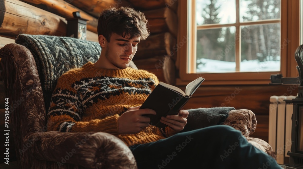 Young man in comfortable sweater enjoying a book by the window in a cozy log cabin Young man in comfortable sweater enjoying a book by the window in a cozy log cabin