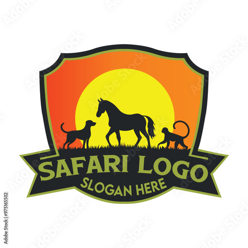 Adventure Safari Logo, Wildlife Silhouette with Sunset for Travel and Tour Packages photo