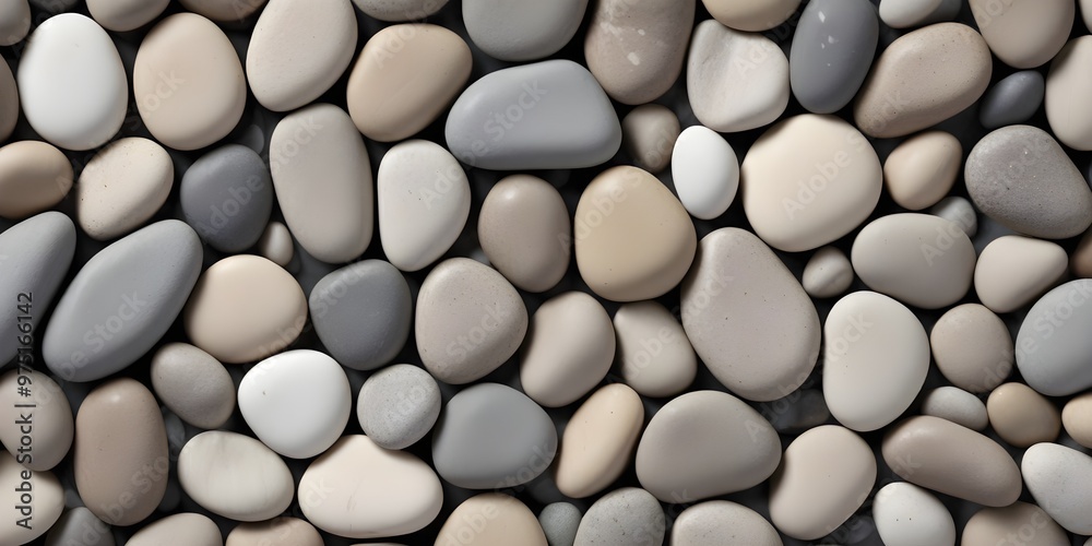 Smooth, rounded river rocks in various shades of (gray, white, and beigePolished, flat river stones in a range of gray, white, and beige, arranged in a natural, organic pattern, creating a calming and Smooth, rounded river rocks in various shades of (gray, white, and beigePolished, flat river stones in a range of gray, white, and beige, arranged in a natural, organic pattern, creating a calming and