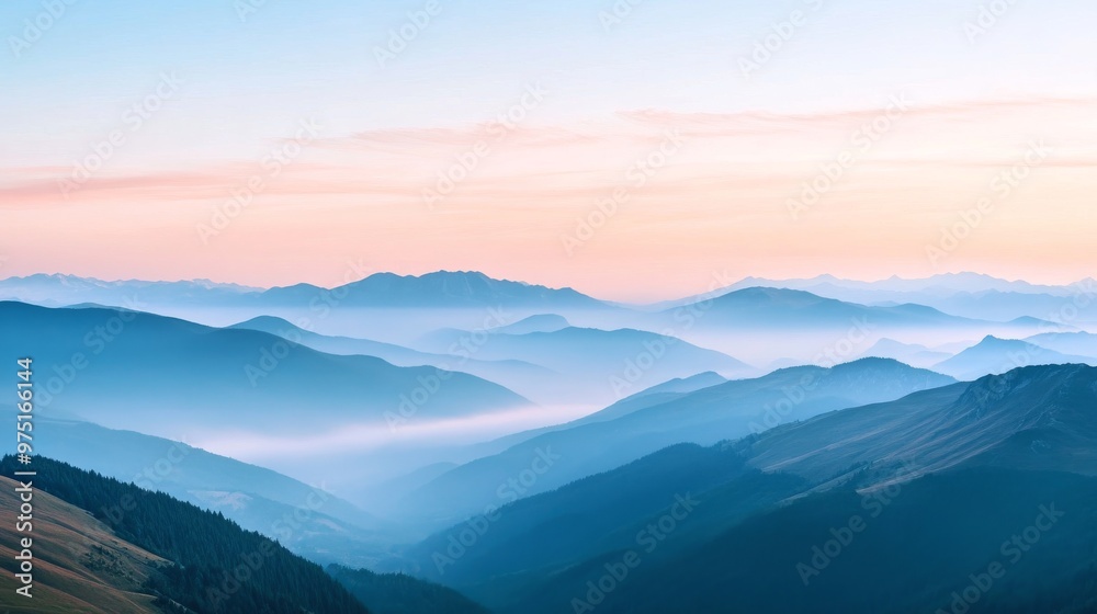 Obraz premium Misty mountain landscape at sunrise, tranquil view. Nature and serenity concept