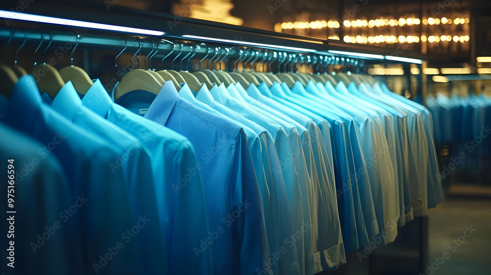 Fototapeta premium Row of blue shirts hanging on hangers in a clothing store brightly lit with cool blue light